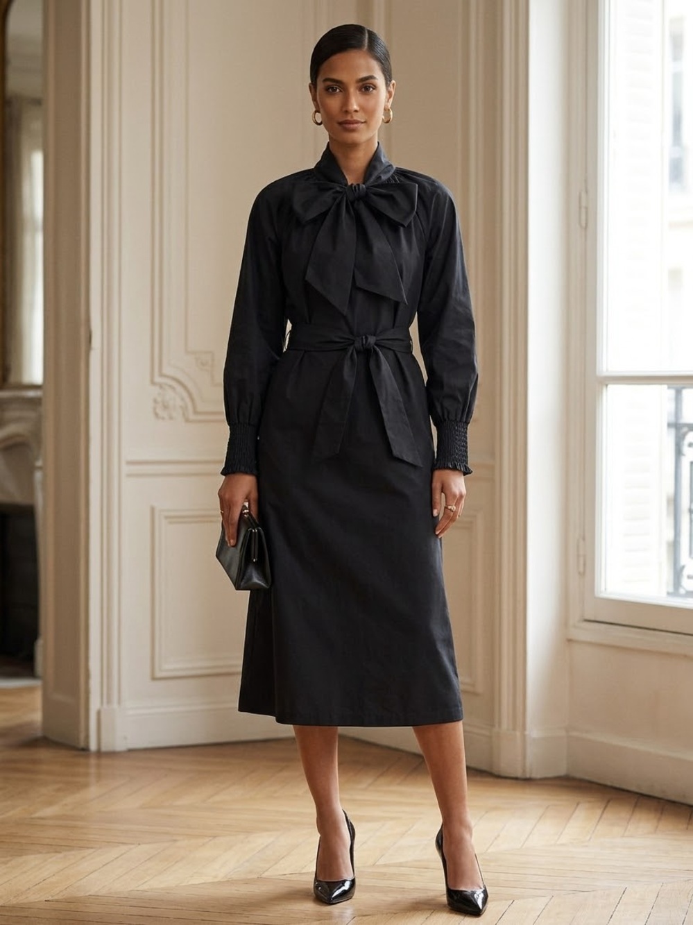 Wyatt Wilde Timeless Black Bow-Neck Long-Sleeve Midi Dress